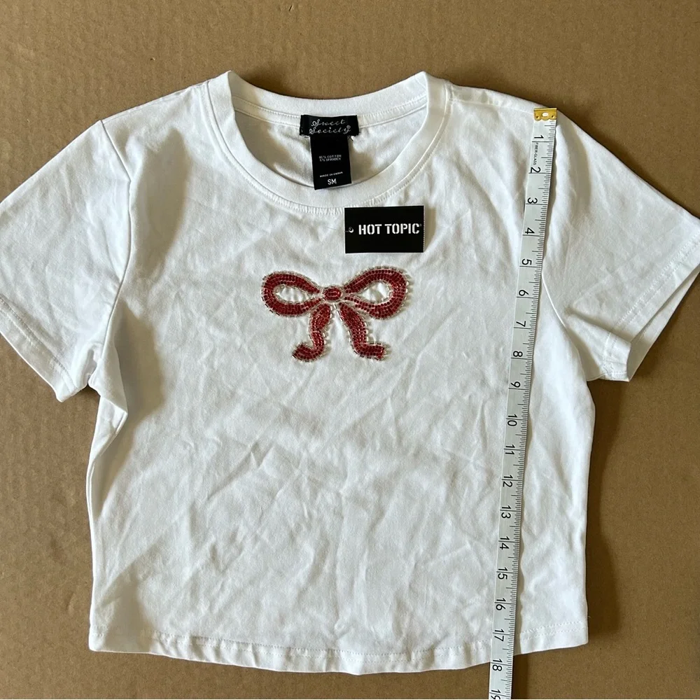 Hot Topic Secret Society Cropped Beaded Bow Tie T shirt Size Small Coquette - Picture 6 of 7